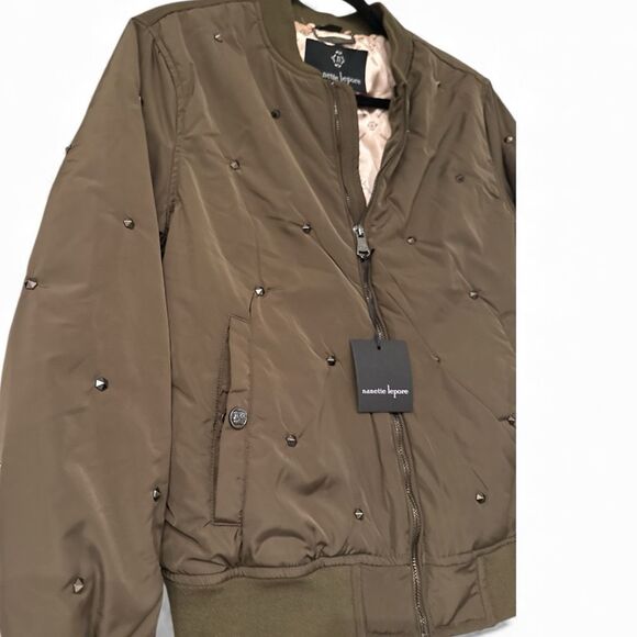 Nanette Lepore Women's Studded Twill Bomber Jacket Olive Green Size Large NWT - Picture 3 of 9